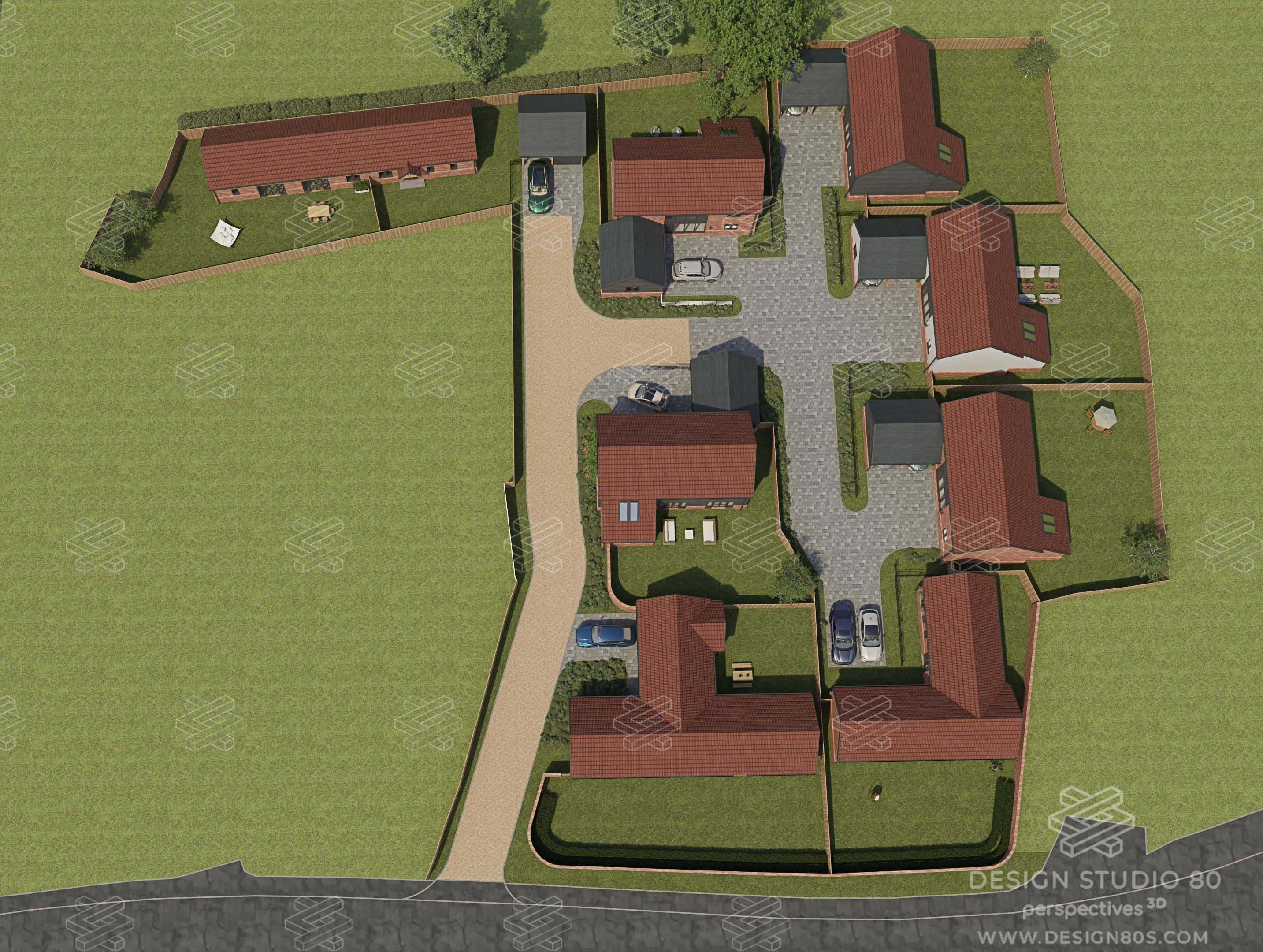 Aerial View of West Farm Barns showing road entrance from the bottom of the image