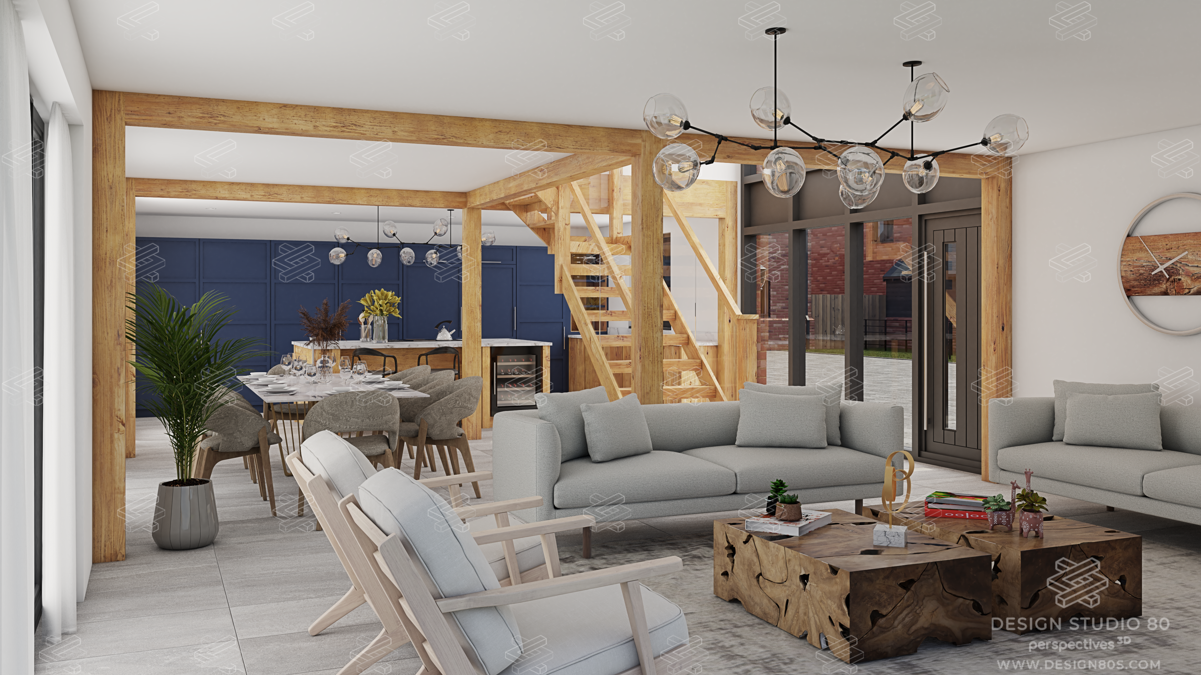 View inside a West Farm Barns house showing an open plan living/dining/kitchen area in a modern barn style