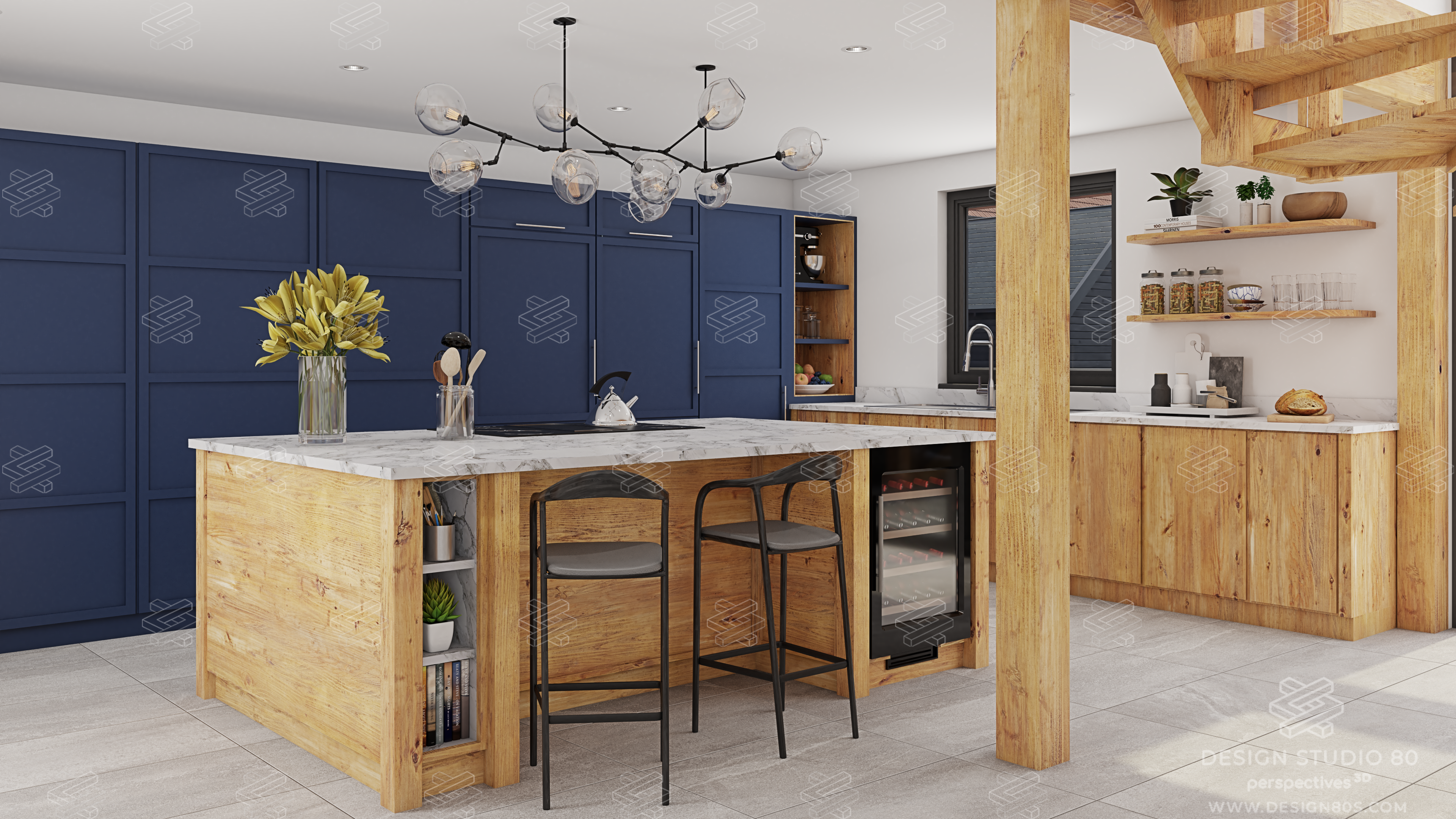 CGI view of a modern barn style - close up on kitchen area showing an island with a cooker hob, wine cupboard and breakfast bar area