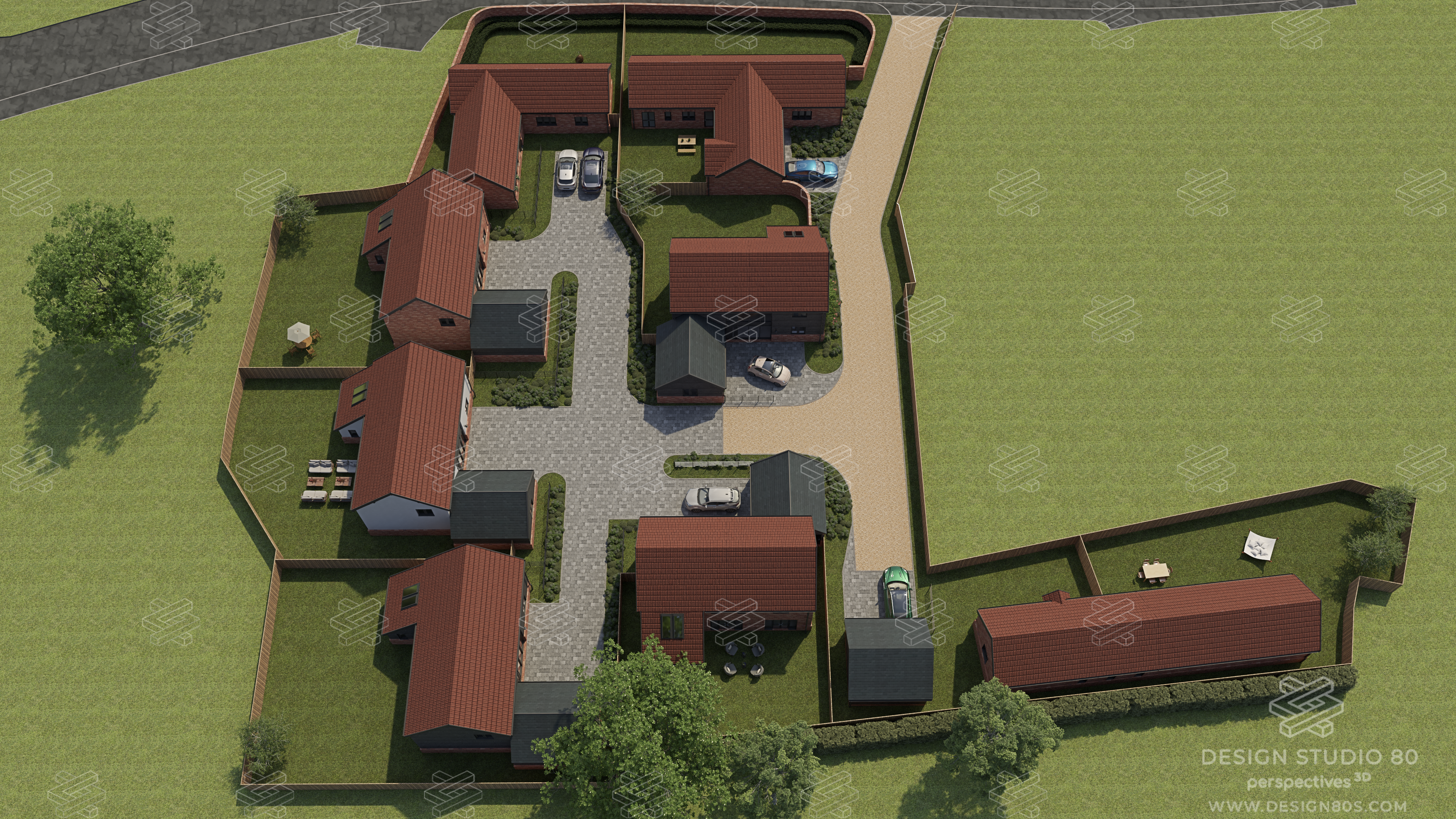 Aerial View of West Farm Barns showing road entrance from the top of the image