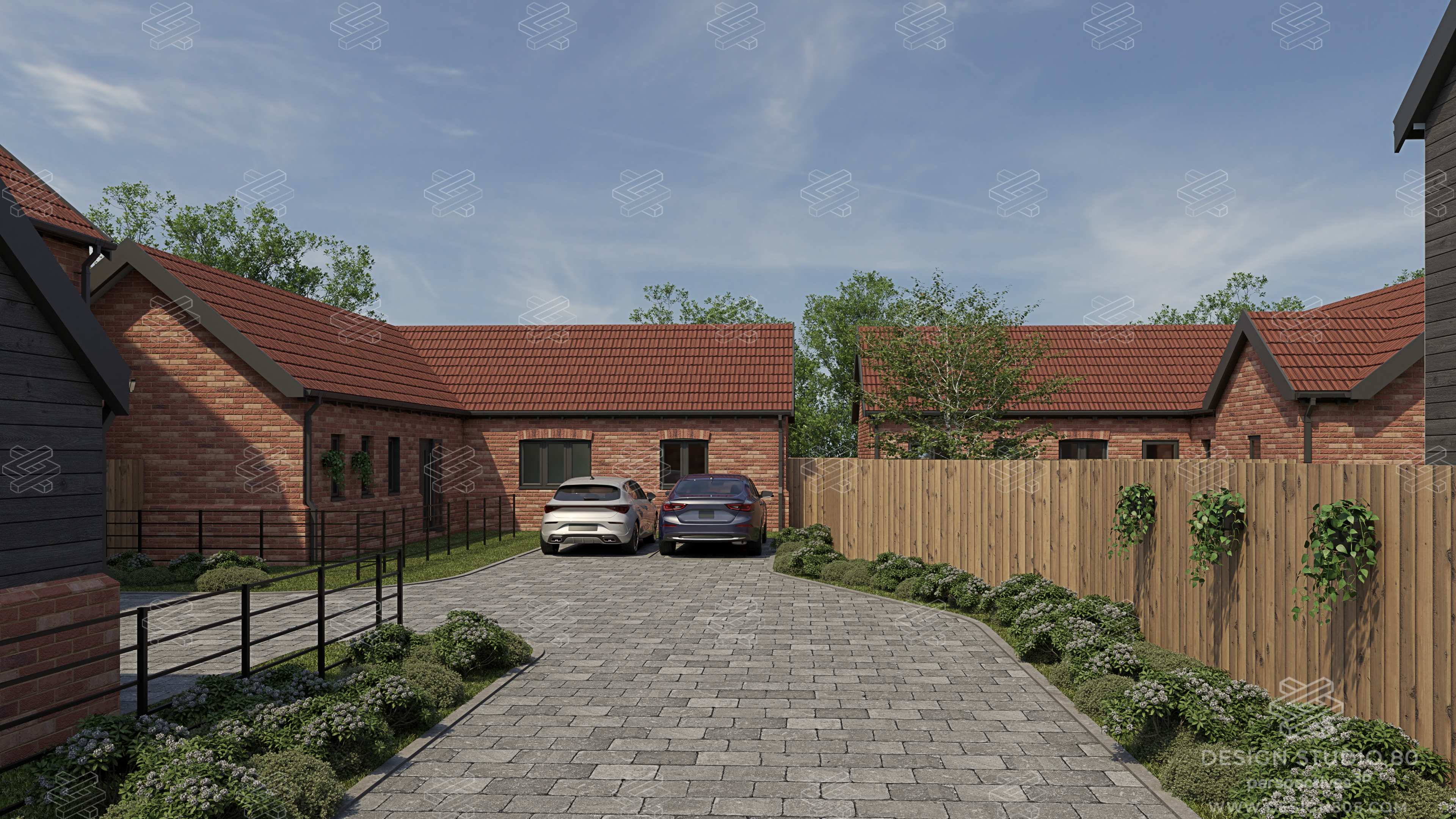 Partial view of one a West Farm Barns plot showing a driveway and 2 cars parked against a barn style house